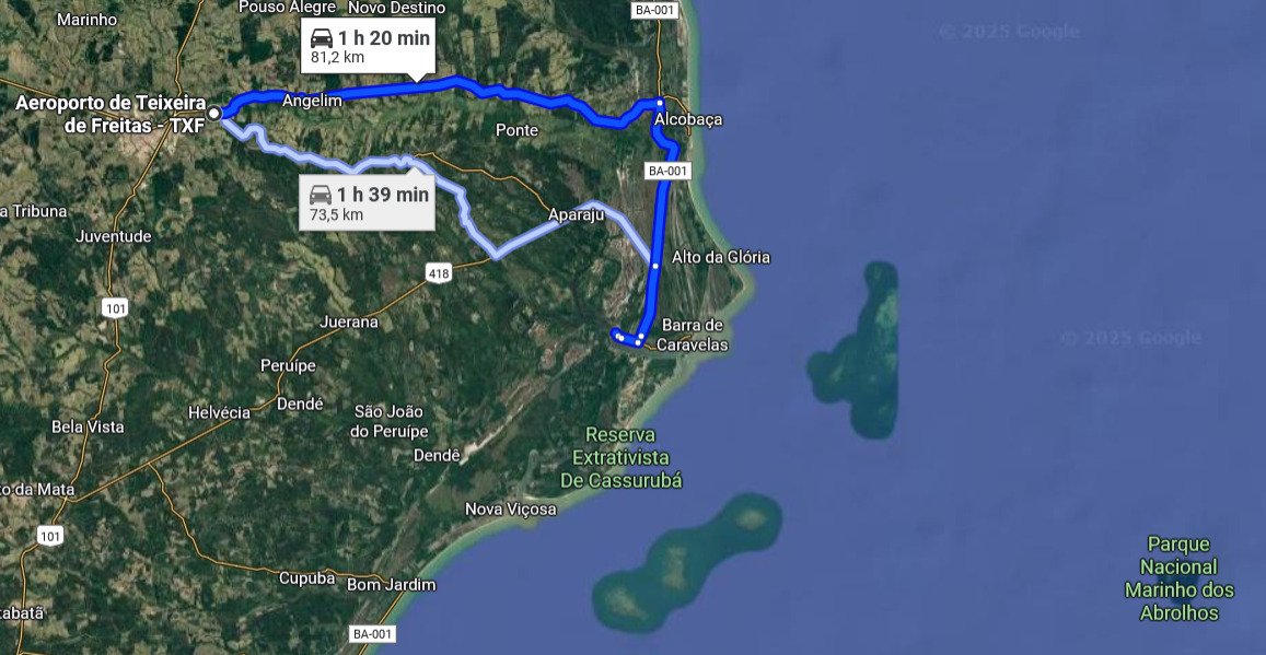 Mapa mostrando como chegar em Abrolhos