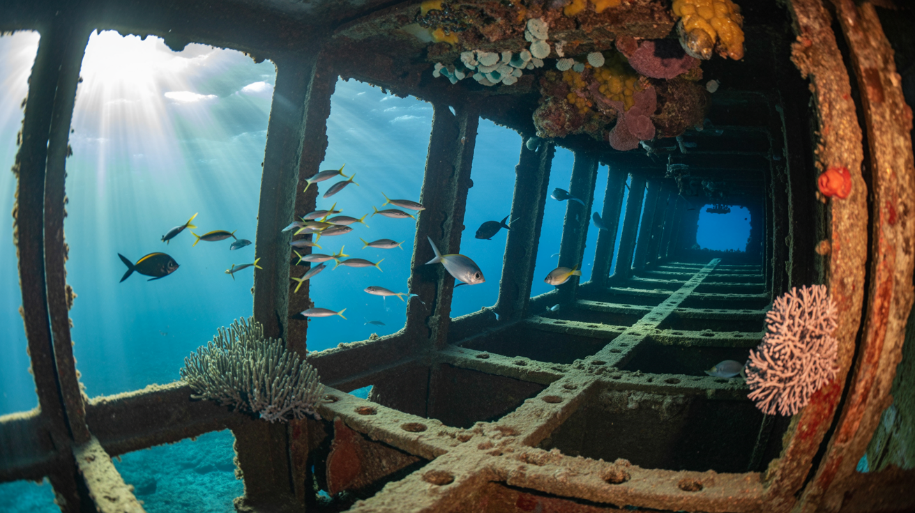 Vista submersa do Navio Rosalina, um dos principais e mais bem conservados naufrágios de Abrolhos.