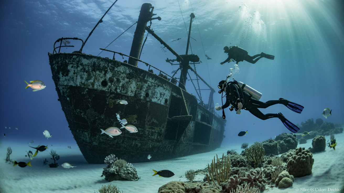 mergulhadores explorando naufrágios de Abrolhos
