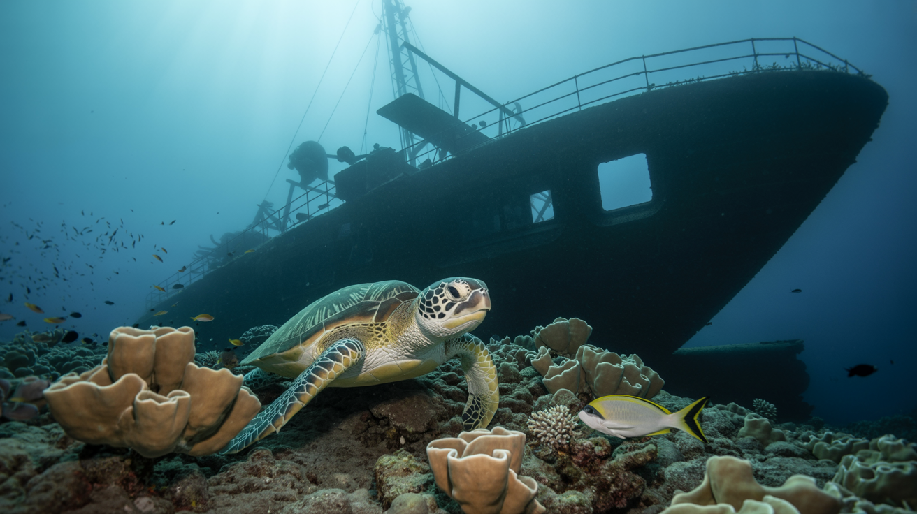 Detalhe da vida marinha em um dos recifes artificiais formados pelos naufrágios de Abrolhos.